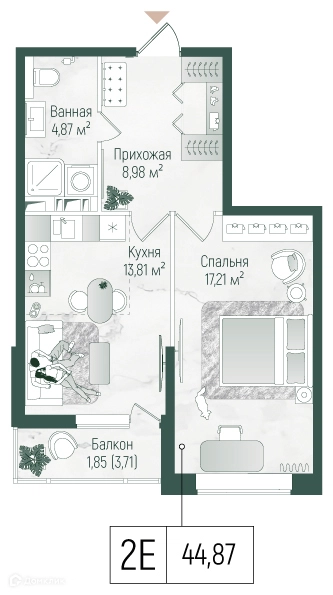 1-комнатная квартира 46.73 м² Рига Хиллс