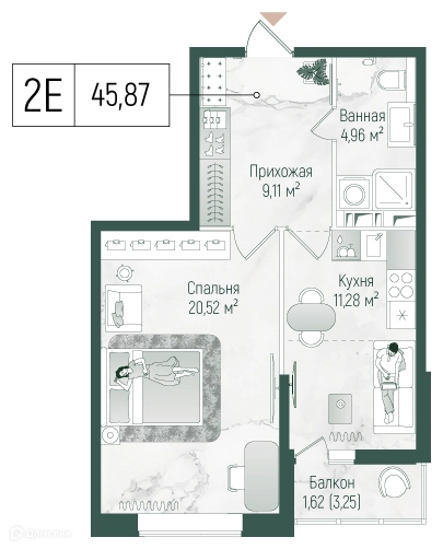 1-комнатная квартира 47.5 м² Рига Хиллс