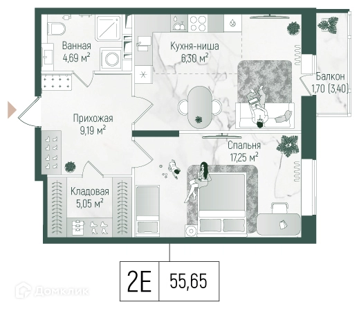 1-комнатная квартира 57.35 м² Рига Хиллс