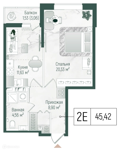 1-комнатная квартира 46.95 м² Рига Хиллс