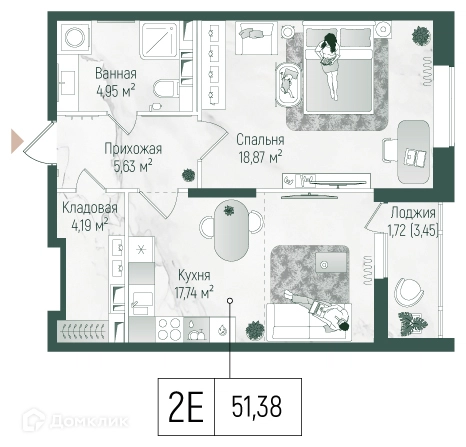 1-комнатная квартира 53.11 м² Рига Хиллс