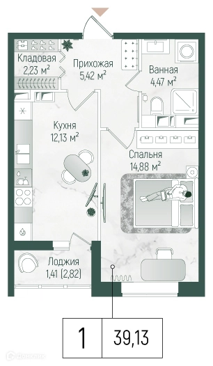 1-комнатная квартира 40.54 м² Рига Хиллс
