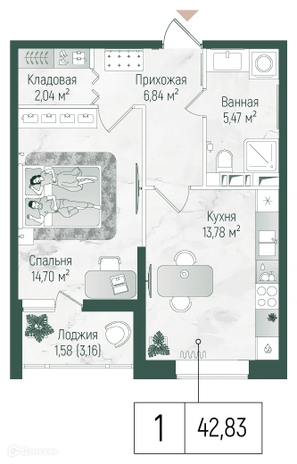 1-комнатная квартира 44.41 м² Рига Хиллс