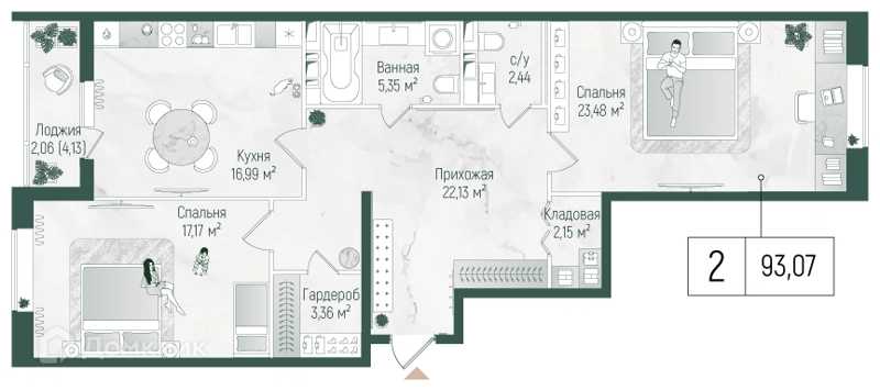 2-комнатная квартира 95.14 м² Рига Хиллс