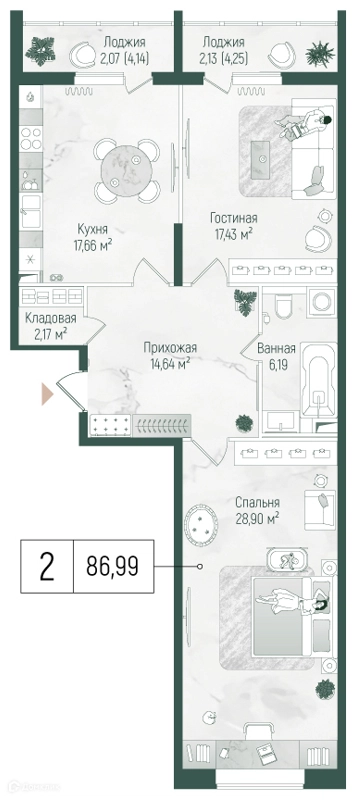 2-комнатная квартира 91.19 м² Рига Хиллс
