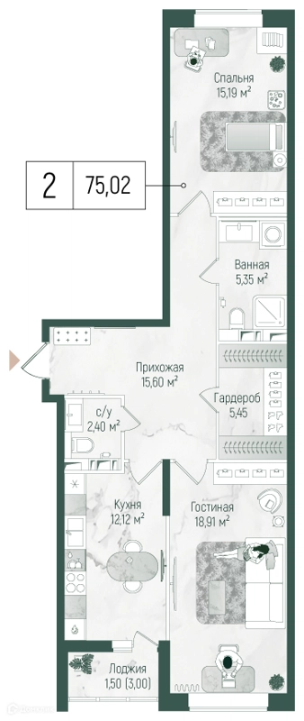 2-комнатная квартира 76.52 м² Рига Хиллс