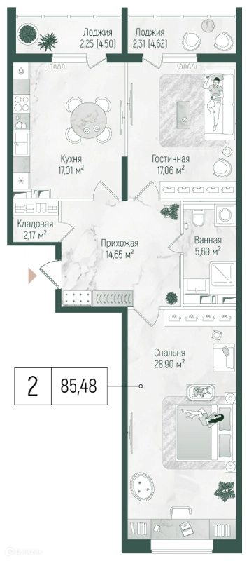 2-комнатная квартира 90.04 м² Рига Хиллс