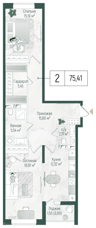 2-комнатная квартира 76.91 м² Рига Хиллс
