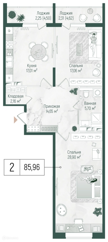 2-комнатная квартира 90.04 м² Рига Хиллс