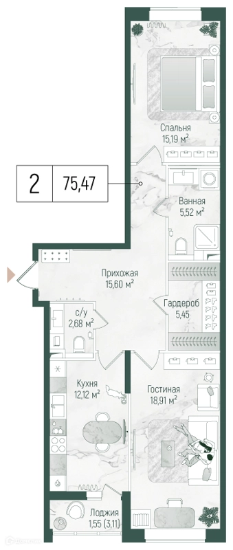 2-комнатная квартира 77.07 м² Рига Хиллс