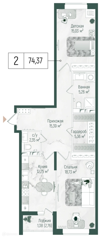 2-комнатная квартира 75.75 м² Рига Хиллс
