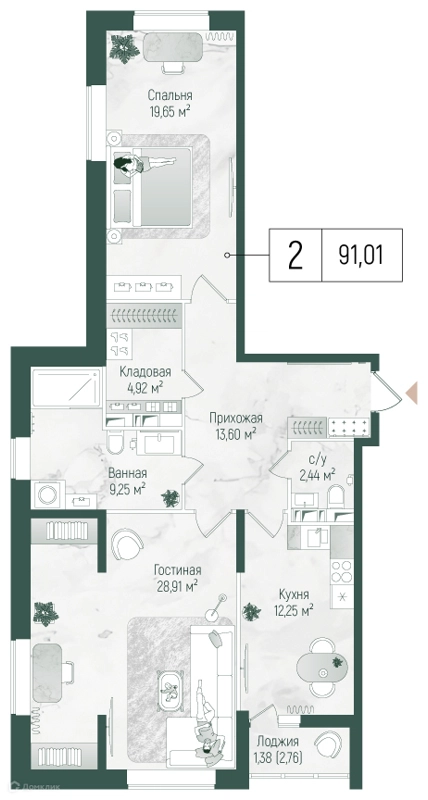 2-комнатная квартира 92.39 м² Рига Хиллс