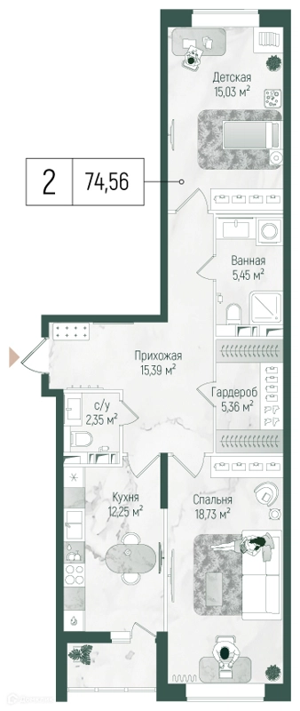 2-комнатная квартира 75.94 м² Рига Хиллс