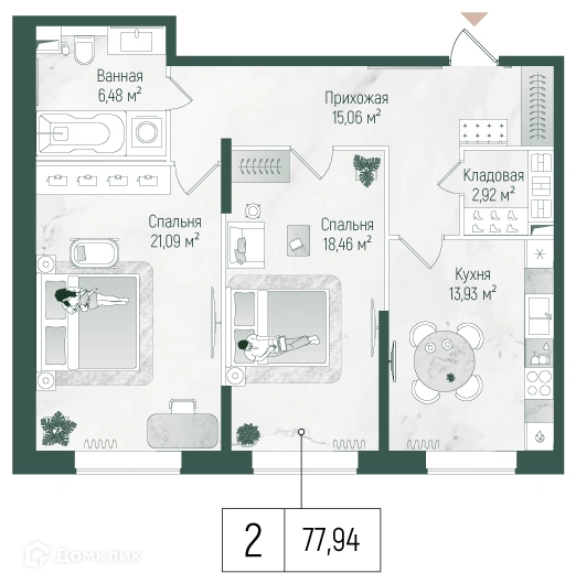 2-комнатная квартира 77.94 м² Рига Хиллс