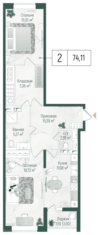 2-комнатная квартира 75.61 м² Рига Хиллс