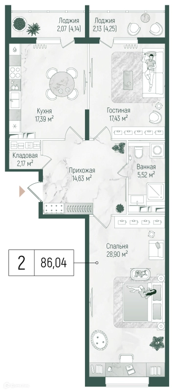 2-комнатная квартира 90.24 м² Рига Хиллс