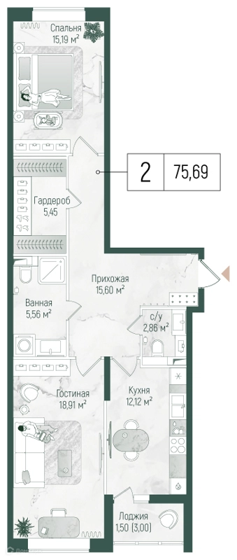 2-комнатная квартира 77.19 м² Рига Хиллс