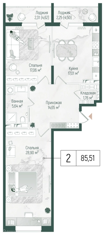 2-комнатная квартира 89.58 м² Рига Хиллс