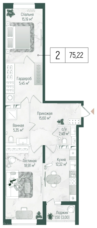 2-комнатная квартира 76.72 м² Рига Хиллс