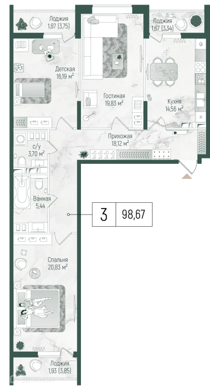 3-комнатная квартира 104.15 м² Рига Хиллс