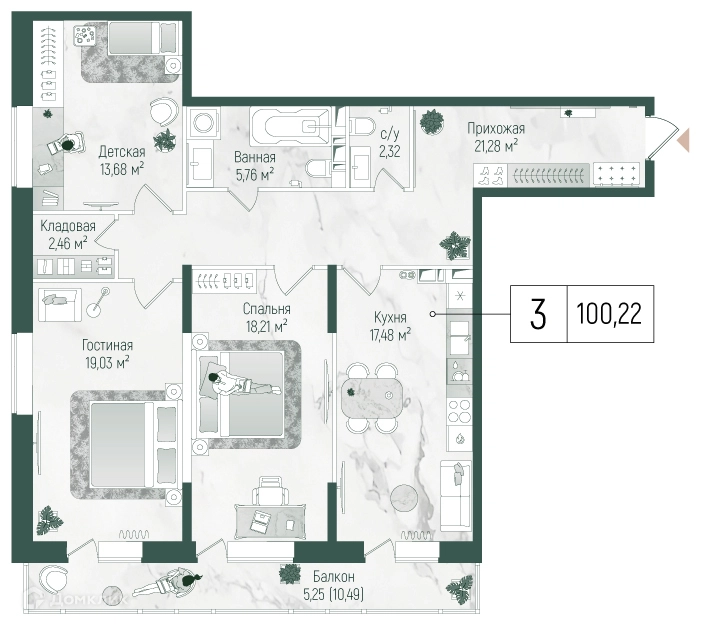 3-комнатная квартира 105.46 м² Рига Хиллс