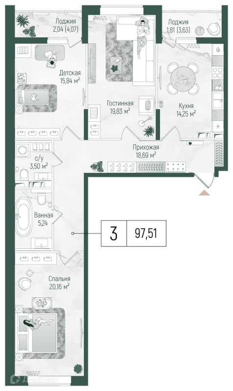 3-комнатная квартира 101.37 м² Рига Хиллс