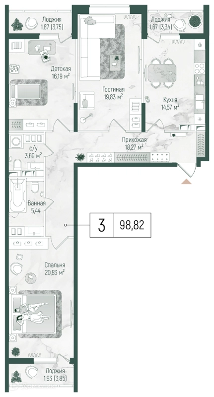3-комнатная квартира 104.3 м² Рига Хиллс