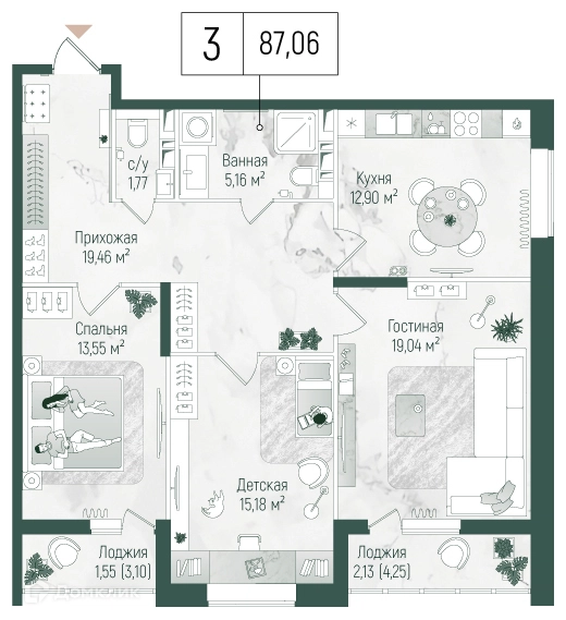 3-комнатная квартира 90.74 м² Рига Хиллс