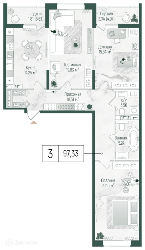 3-комнатная квартира 101.19 м² Рига Хиллс