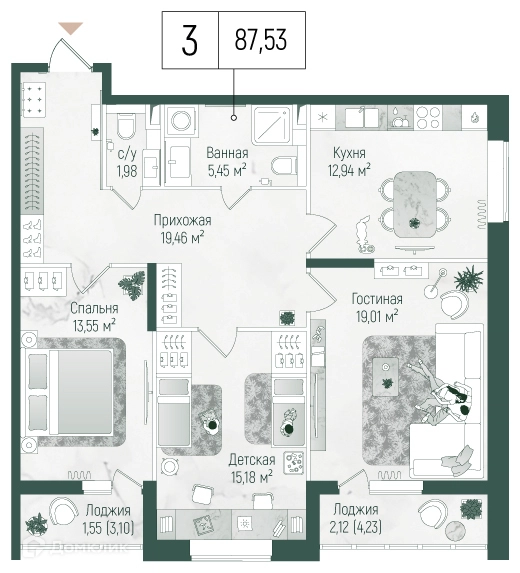 3-комнатная квартира 91.2 м² Рига Хиллс