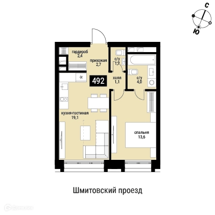 1-комнатная квартира 44.6 м² Шелепиха