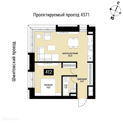 1-комнатная квартира 48.1 м² Шелепиха