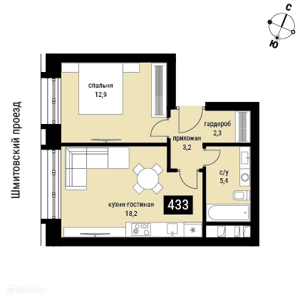 1-комнатная квартира 43.1 м² Шелепиха