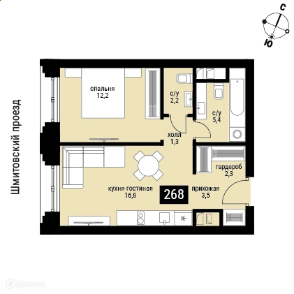 1-комнатная квартира 43.8 м² Шелепиха