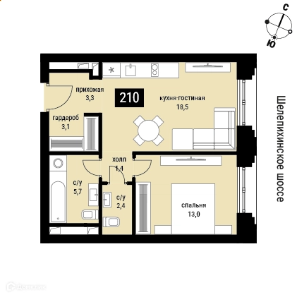 1-комнатная квартира 47.4 м² Шелепиха