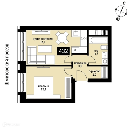 1-комнатная квартира 39.3 м² Шелепиха