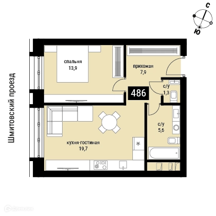 1-комнатная квартира 48.4 м² Шелепиха