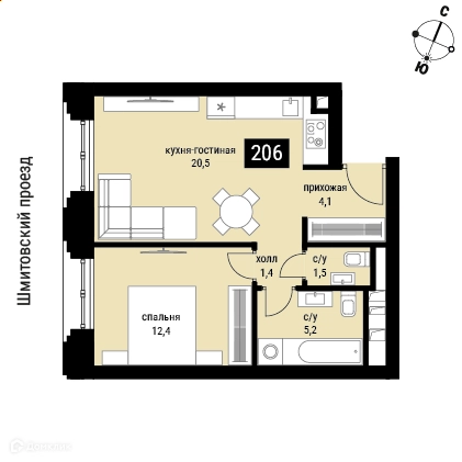 1-комнатная квартира 45.1 м² Шелепиха