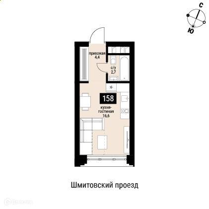 1-комнатная квартира 24.3 м² Шелепиха