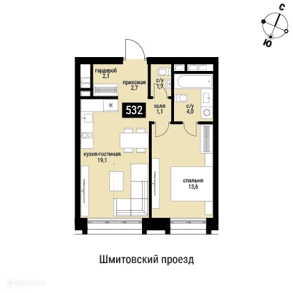 1-комнатная квартира 44.3 м² Шелепиха