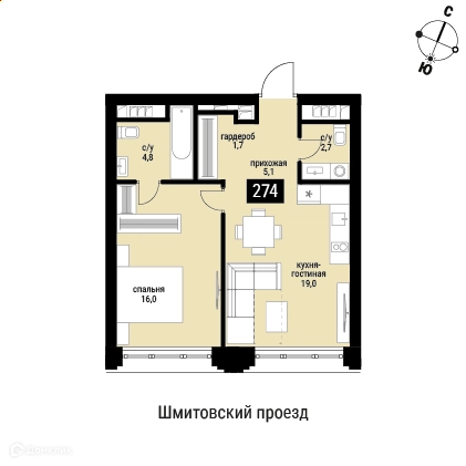 1-комнатная квартира 49.3 м² Шелепиха