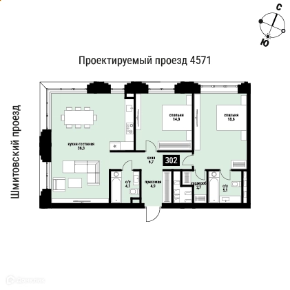 2-комнатная квартира 93.2 м² Шелепиха