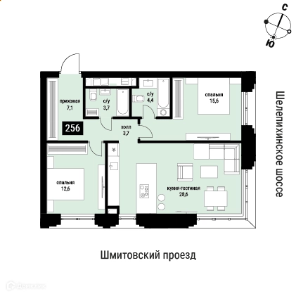 2-комнатная квартира 75.7 м² Шелепиха