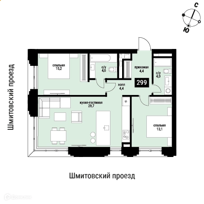 2-комнатная квартира 75.4 м² Шелепиха