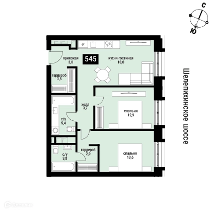 2-комнатная квартира 66.8 м² Шелепиха