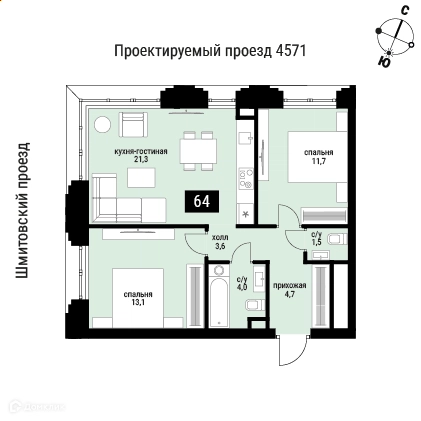 2-комнатная квартира 62.2 м² Шелепиха