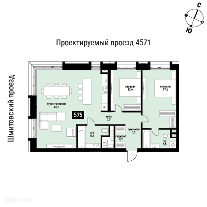 2-комнатная квартира 94.5 м² Шелепиха