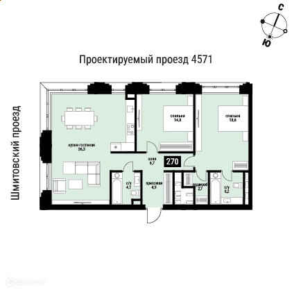 2-комнатная квартира 93.3 м² Шелепиха