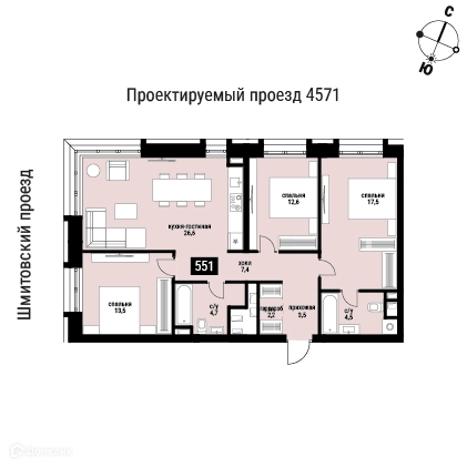 3-комнатная квартира 93.8 м² Шелепиха