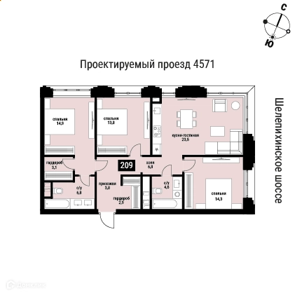 3-комнатная квартира 93.9 м² Шелепиха